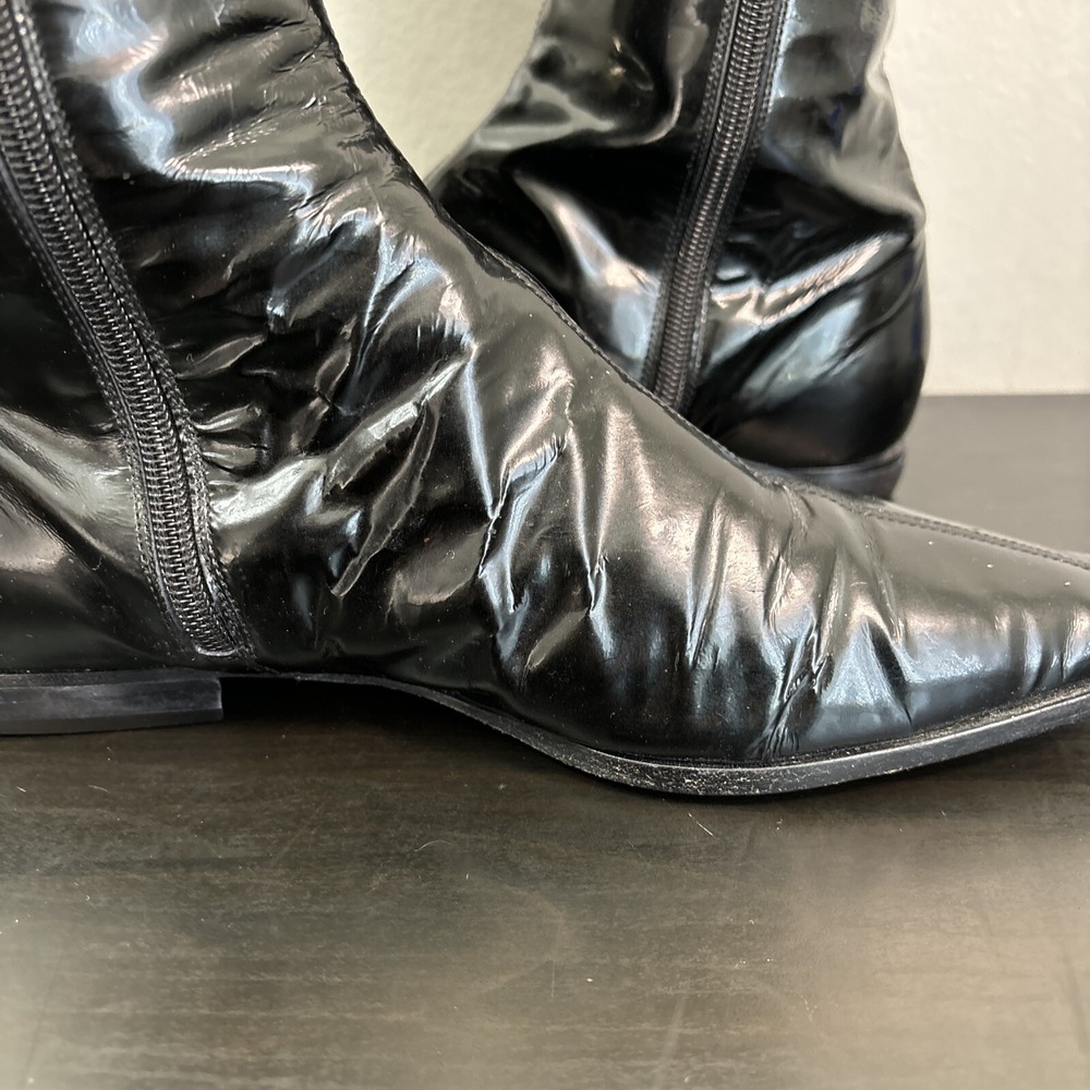 Burberry Red Black Patent Leather Pointed-Toe Knee-High Riding Boots Womens 37.5 - Picture 9 of 16